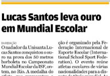 Medalha de ouro em Mundial Escolar conquistada pelo nadador Lucas Santos, da Unisanta, é divulgada na mídia nacional